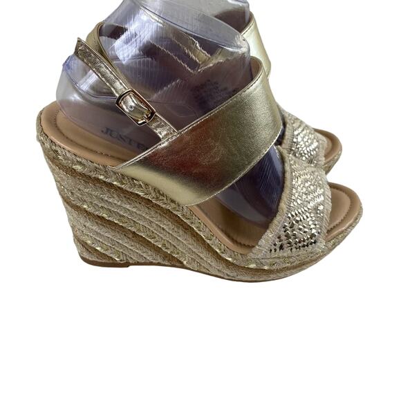 JustFab Gold Aztec Design Fringe Espadrille Ankle Strap Sandals Size 9 - Picture 2 of 6